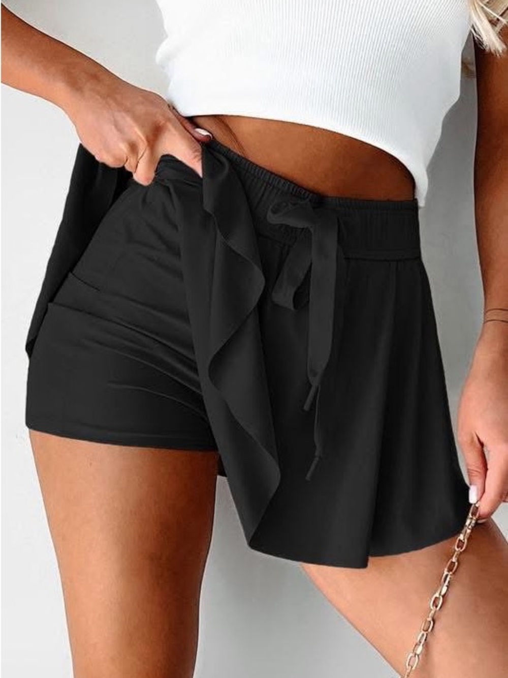 Women's Black Ruffle Drawstring Shorts
